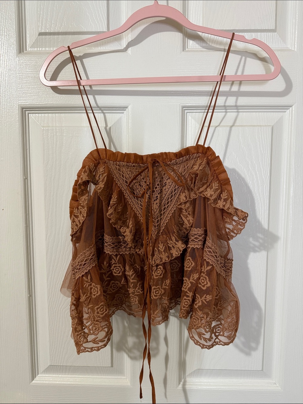 NWOT Free People Sofia Sheer Rust Lace Ruffle Cami Top - Picture 4 of 6